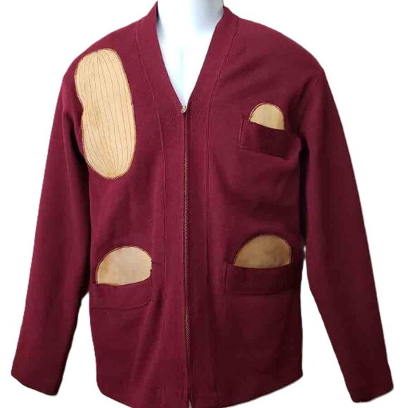 Vintage 40s 50 Wool Leather Varsity Style Cardigan Sweater Men's Size SLIM M